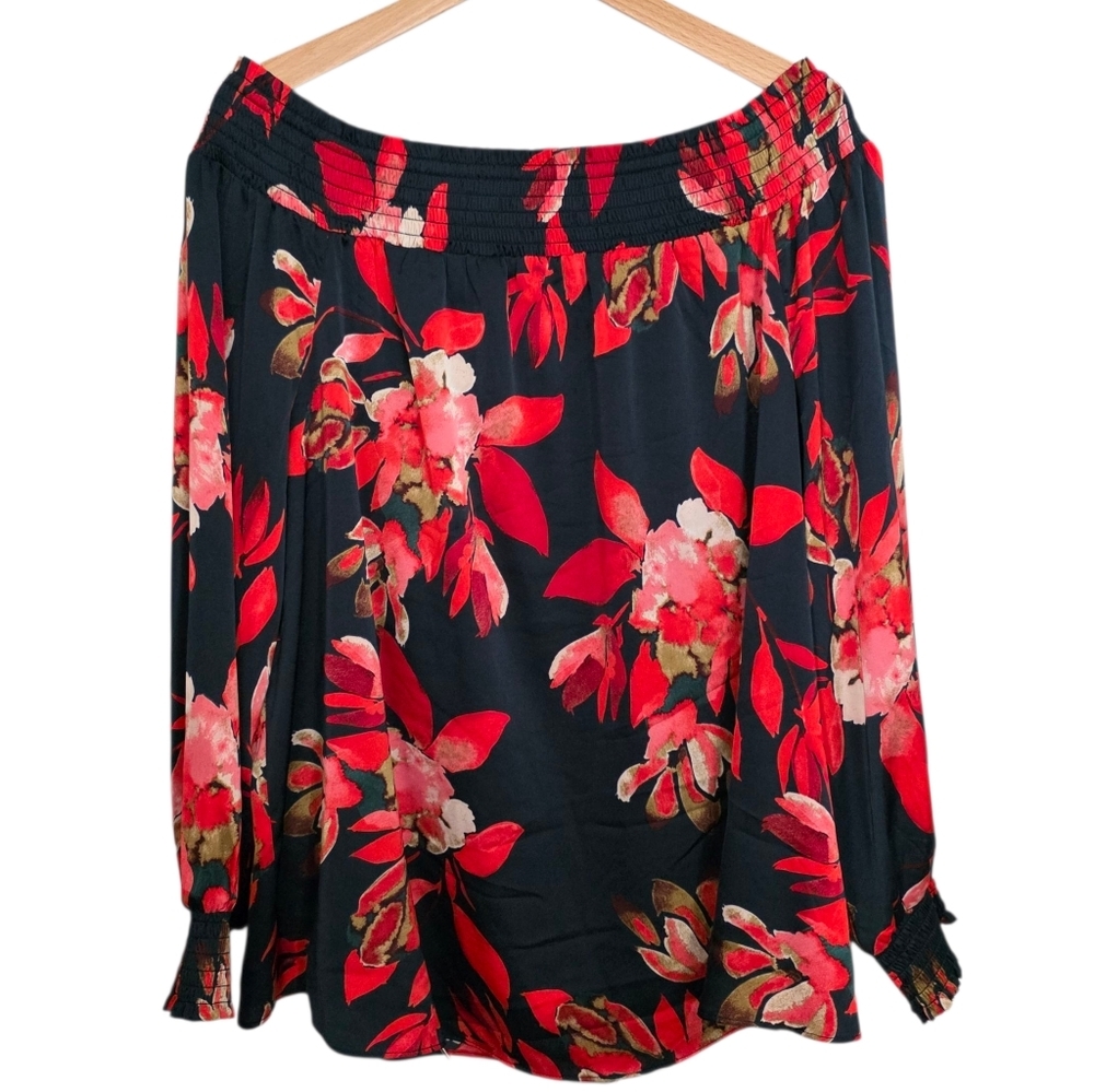 Laura Floral Off-Shoulder Blouse - Red and Black Sz 14